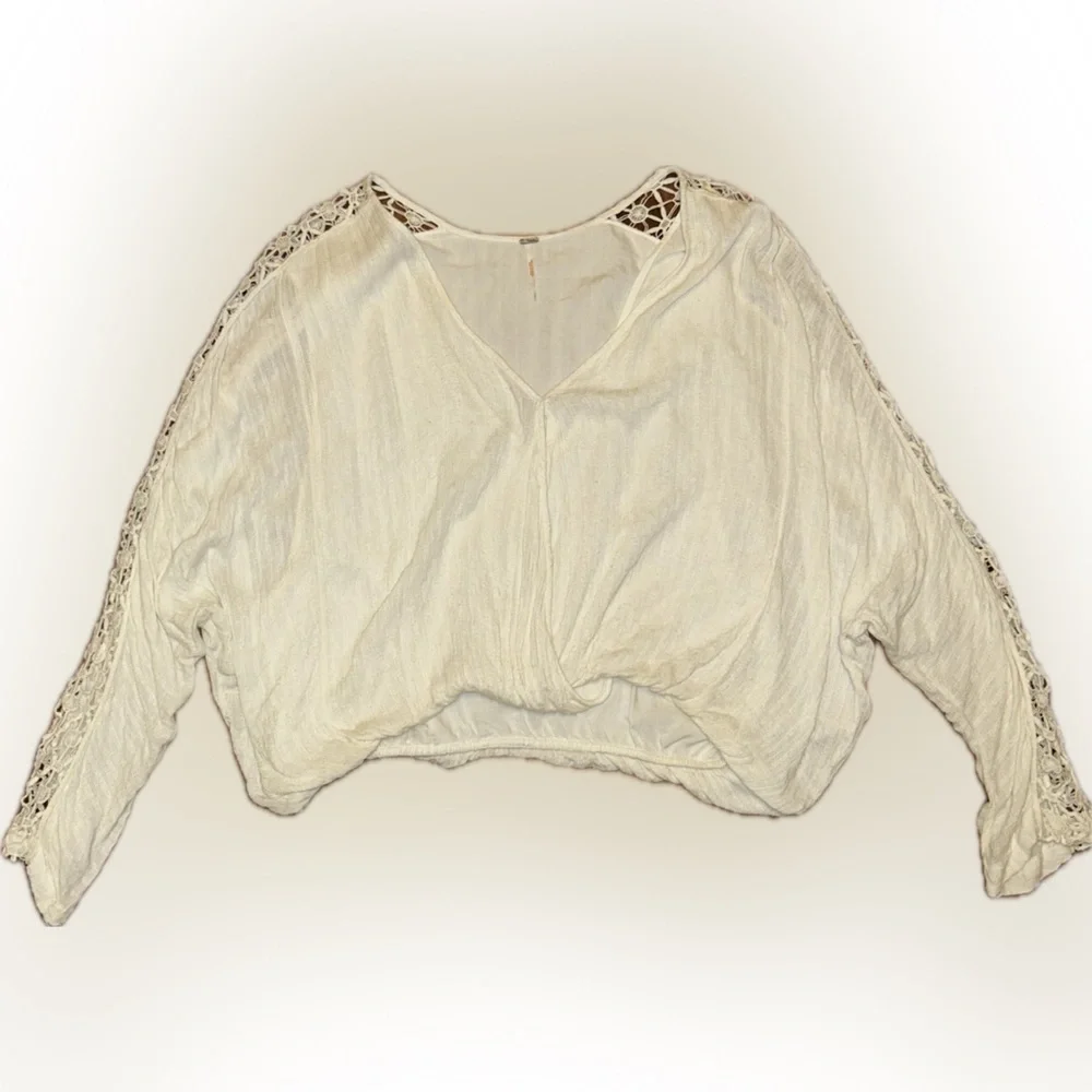 Free People Runaway Crochet Long Sleeve Billowy Gauze Deep V Cottagecore Top L